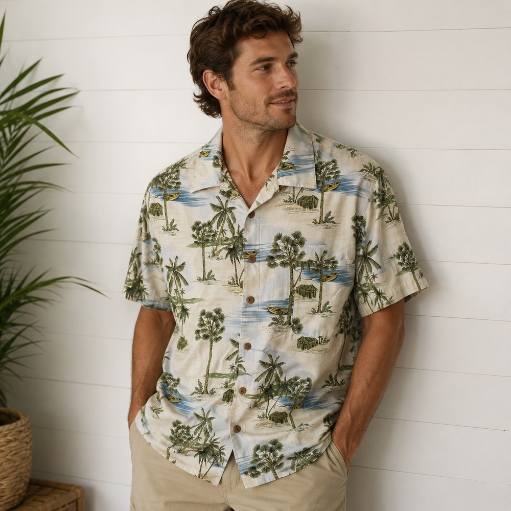 Beach aloha Silk Hawaiian Shirt Mens M Tropical Island Palm Tree Y2K boho travel
